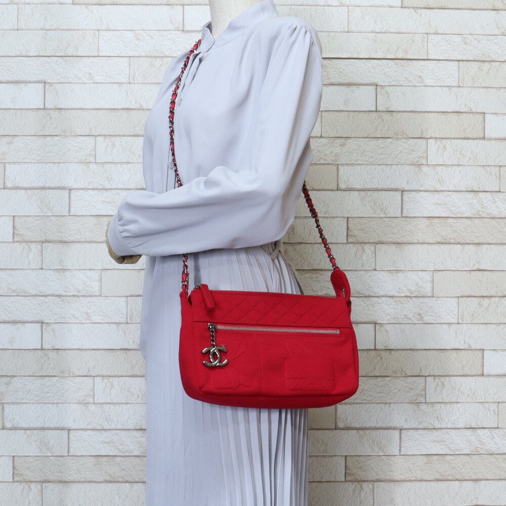 Chanel Shoulder Cotton Matelasse Hawaii Red Bag